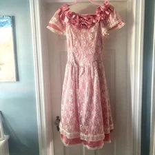 Vintage 80s Gunne Sax Pink Satin Lace Midi Dress Off Shoulder XS Women | 14 Girl