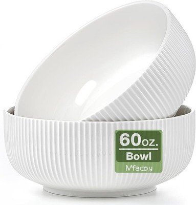2 Pack Salad Bowl 8 inch 60 oz Large Serving Bowl Set Deep Bowl Kitchen White