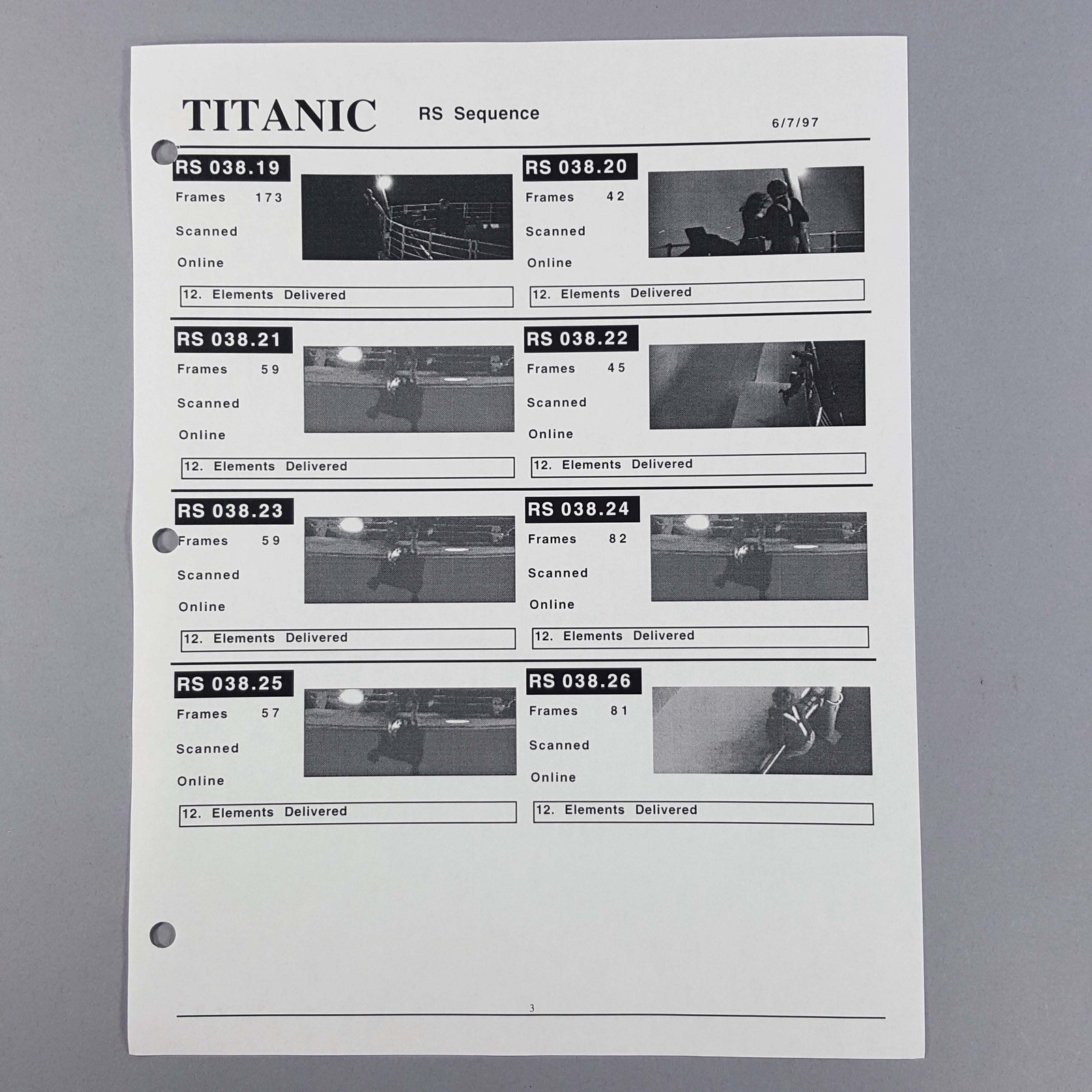 Titanic Movie Prop VFX Report Jack Rose Stern Sequence Production Used COA