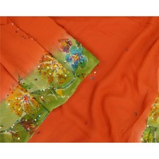 Sanskriti Vintage Dupatta Long Stole Pure Georgette Silk Orange/Green Hand Beads