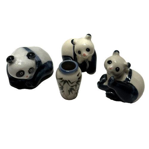 Vintage Three Panda Bears and Vase Porcelain Small Figurine Set Panda Family