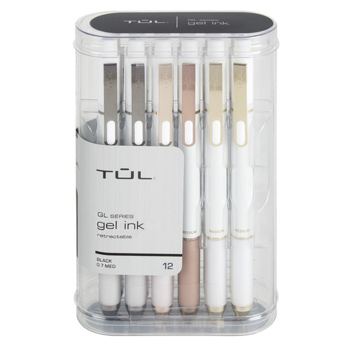 TUL Retractable Gel Pens, Medium Point, 0.7 mm, Pearl White, Black Ink, 12-Pack