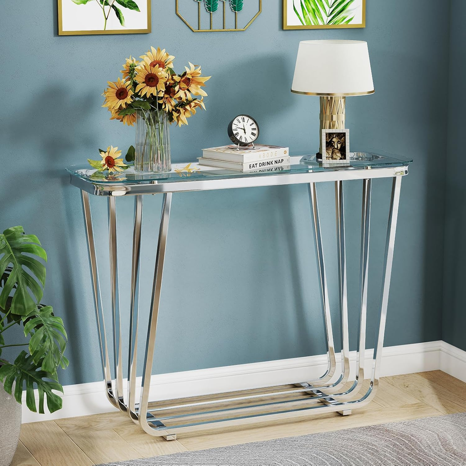 Glass Console Table for Entryway, Modern Entrance Table with Tempered Glass & Ch