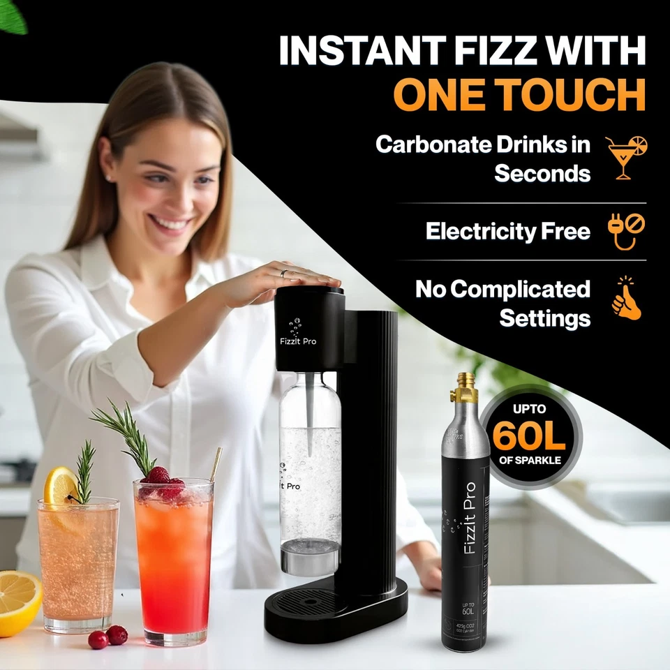 FizzitPro Sparkling Water Soda Maker +  CO₂ Gas Cylinder & BPA-Bottle -BLACK - Image 2 of 4