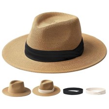 Panama Sun Hat for Men Women - Wide Brim Fedora Straw Beach Hat, UV UPF 80