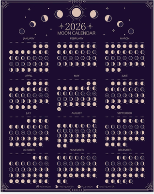 2026 Moon Phases Calendar Poster - 11x14 Lunar Tracker Wall Art