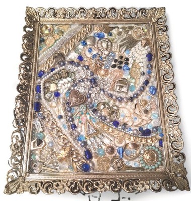Recycled Upcycled Vintage Jewelry Art Gold Framed Abstract One-of-a-Kind!