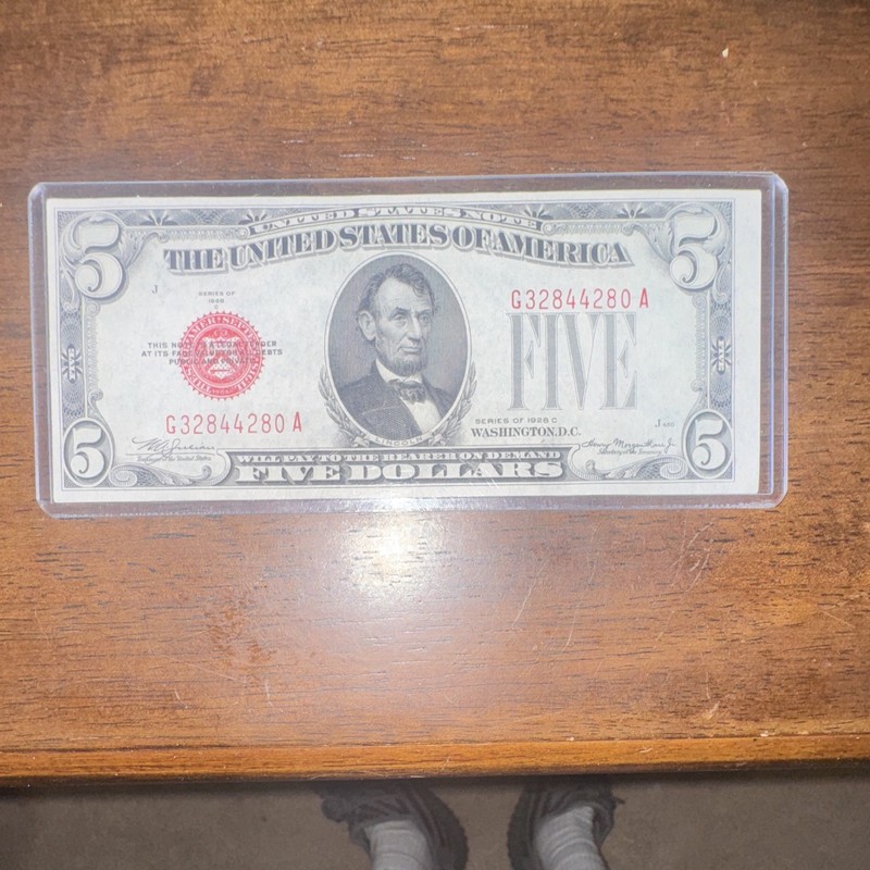 Pristine Uncirculated 1928 Series-A Red Note US 5$ Bill - In Sleeve Pristine
