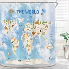 Kids World Map Shower Curtain for Bathroom Decor 72Wx72H Blue Funny