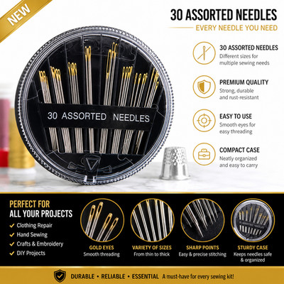 30 x Handnähnadeln VERSCHIEDENE GRÖßEN EINFACHER FADEN Big Eye Set UK    