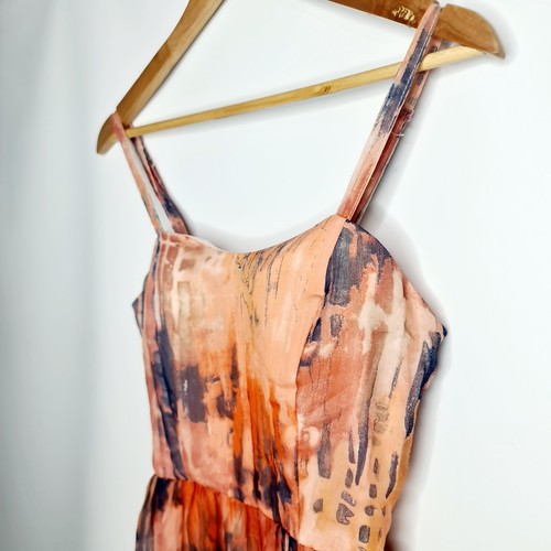 Valleygirl Size 10 Orange Abstract Sheer Adjustable Strap Short Lined Long Dress - Picture 10 of 14