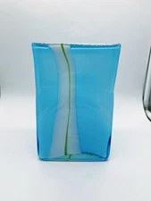 Pier 1 Vase Blown Cased Art Glass Square Tall Blue White Green