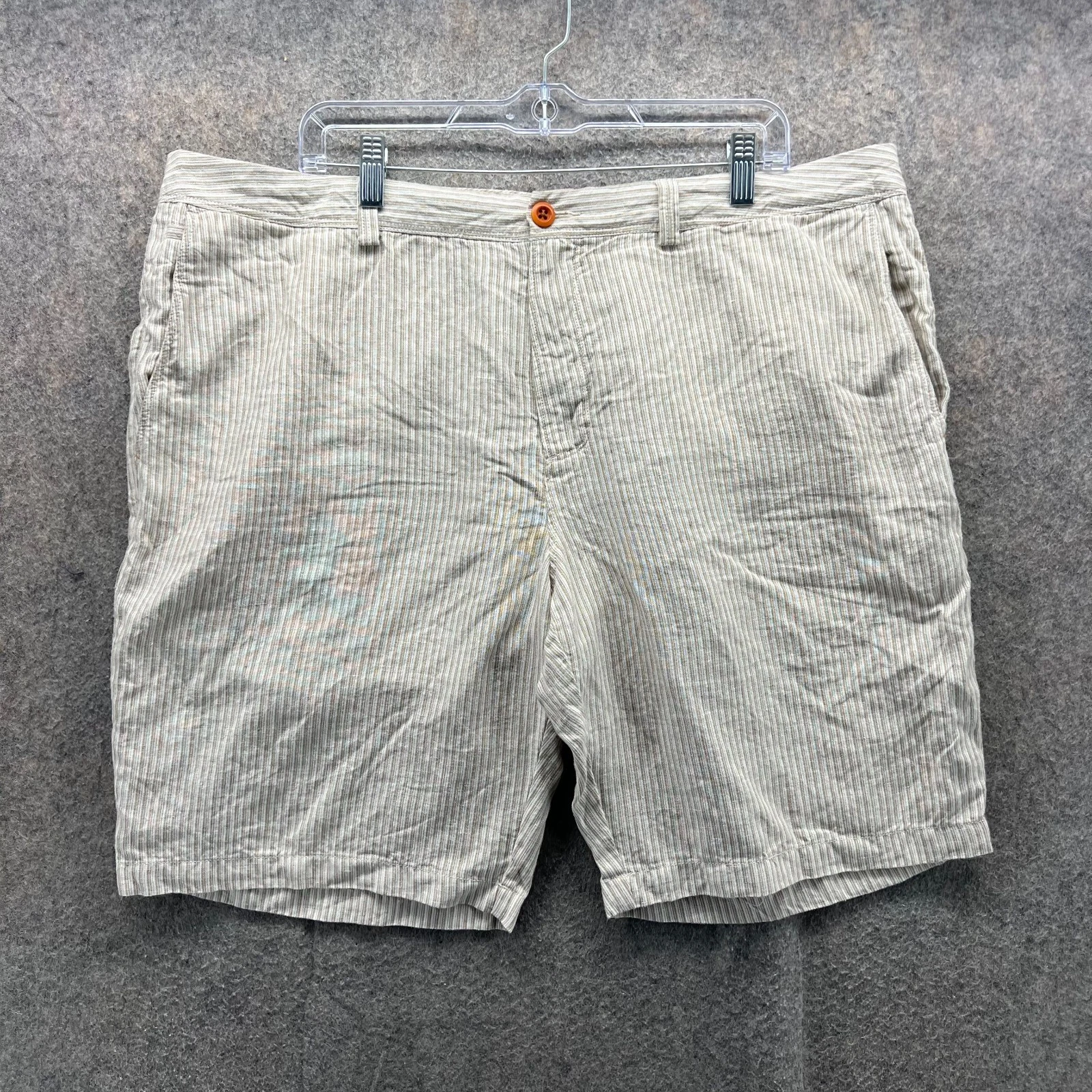 Tommy Bahama Shorts Mens 40 Beige Chino Flat Front Tan Khaki Striped Linen