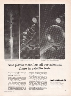 Douglas Thor-Delta 1960 Vintage Print Ad Project Echo Satellite Plastic Moon