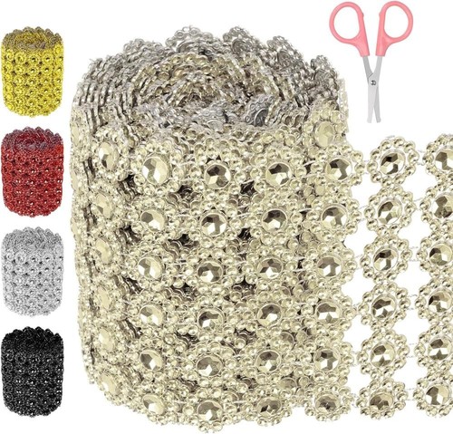 1 Roll 4 Inch × 3 Yards 6 Rows Champagne Rhinestone Ribbon with ...