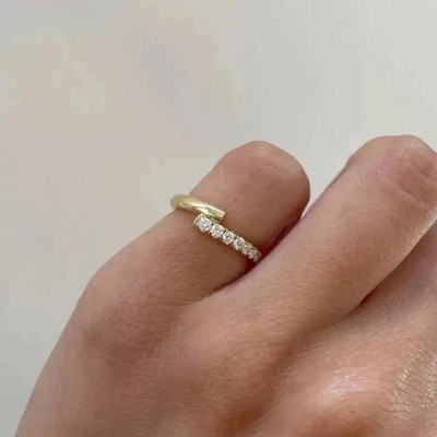 Dainty Half Eternity Bypass Ring 14K Yellow Gold Open Split Shank Band