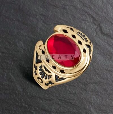 Garnet Oval Cut With 14K Solid   Gold  Ring For Men's #329