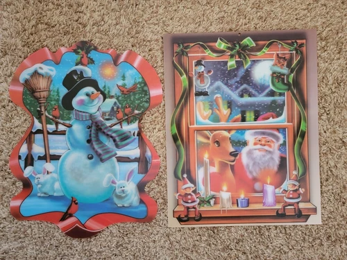 Christmas Lenticular 3d Hollow Graphic Posters Vtg Santa And Snowman