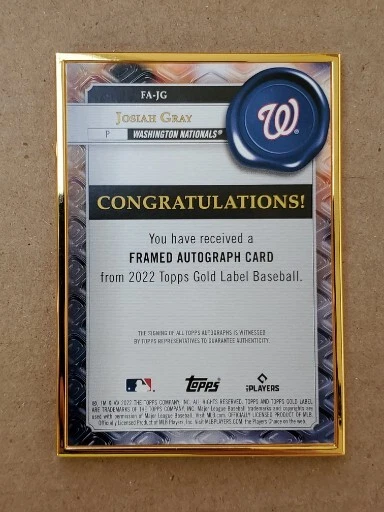 2022 Topps Gold Label Framed On Card Auto Josiah Gray RC #FA-JG - Image 2 of 2