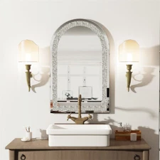 Large Crystal Crush Diamond Arched Silver Mirror for Wall Decoration 23.6x35.4''