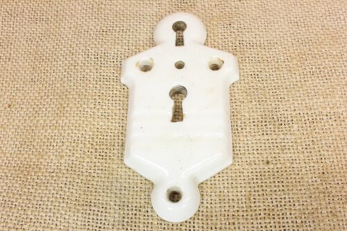 Old Double Keyhole Lock Escutcheon Plate Skeleton Key Cover White Porcelain 4" - Picture 1 of 10