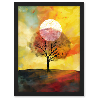 Großer Sonnenuntergang hinter einem einsamen Baum auf einem Hügel gerahmtes Kunstbild Druck A3