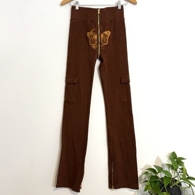 Tordrobes U-Zip Brown Ribbed Butterfly Skull Embroidered Streetwear Cargo Pants