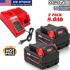 2X 8.0AH Battery For Milwaukee 18V For M18 Extended Battery 48-11-1860 Charger
