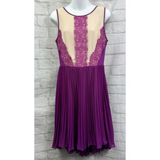 Oasis Shift Dress Party Purple Beige Sz 10 Pleated Skirt Fairycore Chiffon Lace