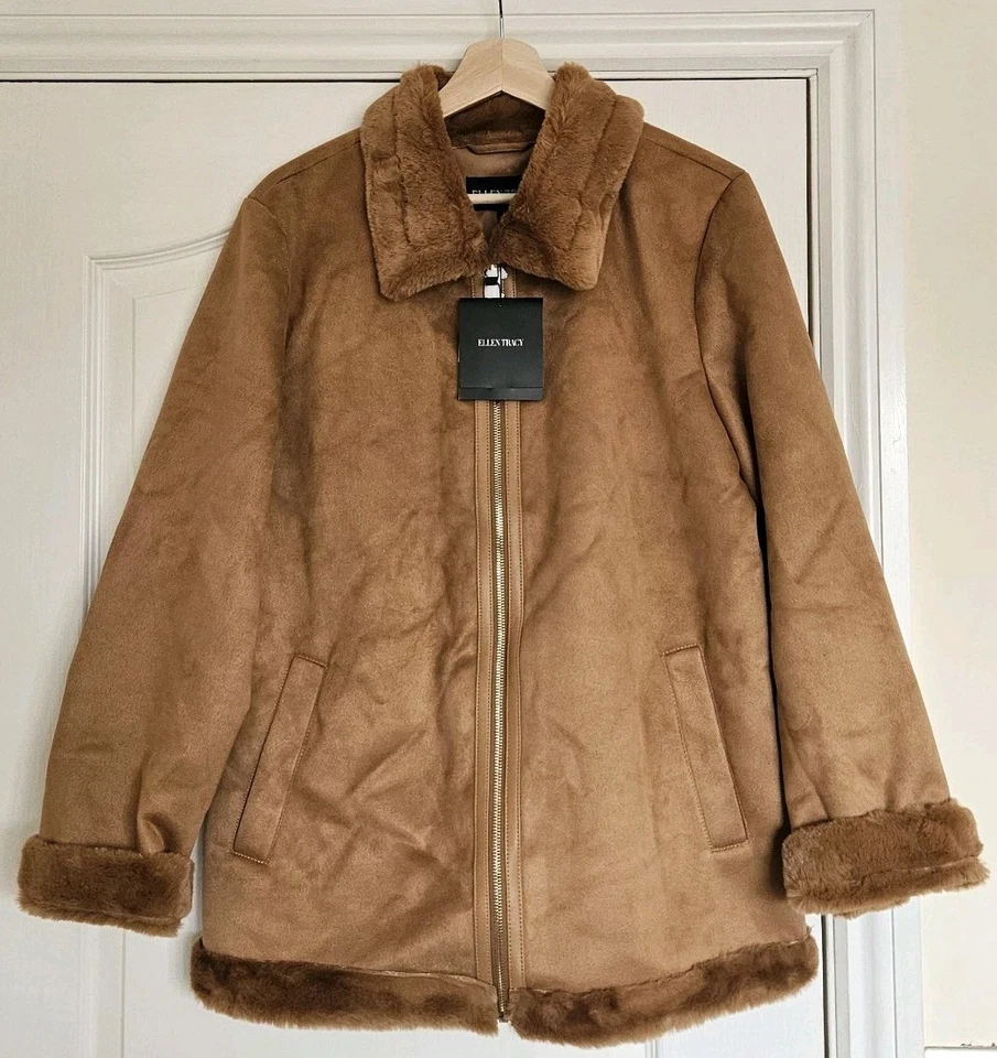 Ellen Tracy Long Sleeve Zip Front Faux Shearling Jacket, Luggage, Size L - Image 3 of 4