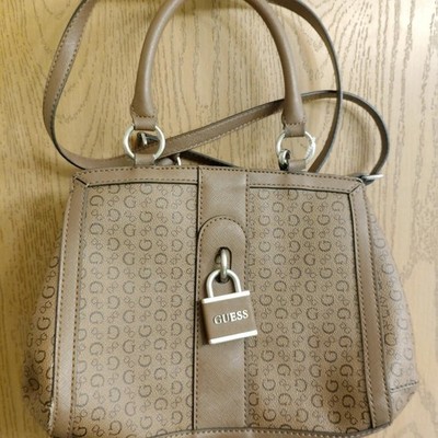 GUESS Brown Logo Satchel with Zip Closure, Padlock Accent, Double Handles