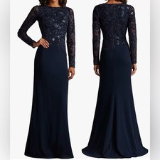 NEW Tadashi Shoji FORENA Embroidered Bodice Long Sleeve Navy Gown Sz 16