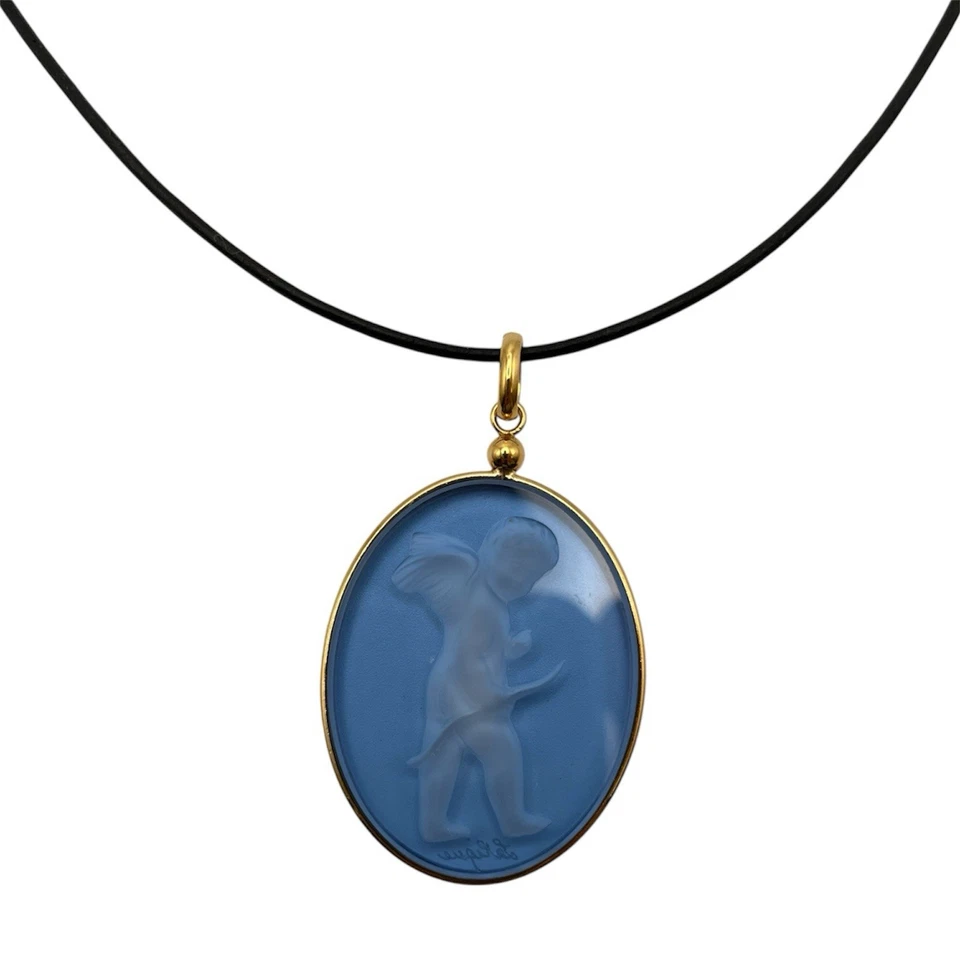 Lalique Crystal Blue Baby Cupid On A Black Necklace With Gold Filled Clasps - Image 2 of 4