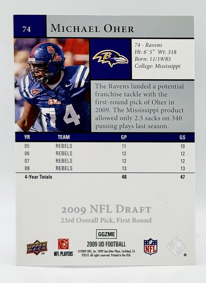 2009 Upper Deck Rookie Exclusives  #74 Michael Oher  Baltimore Ravens - Image 2 of 2
