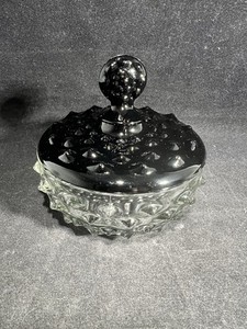 Vintage LE Smith Clear Glass Hobnail Powder Vanity Jar with Black Glass Lid