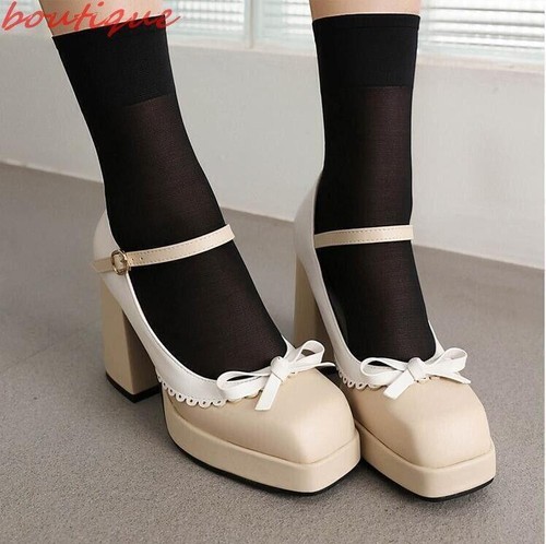 Women Square Toe High Heels Shoes Dress Work Ankle Strap Color Splice Mary Janes - Bild 15 von 23