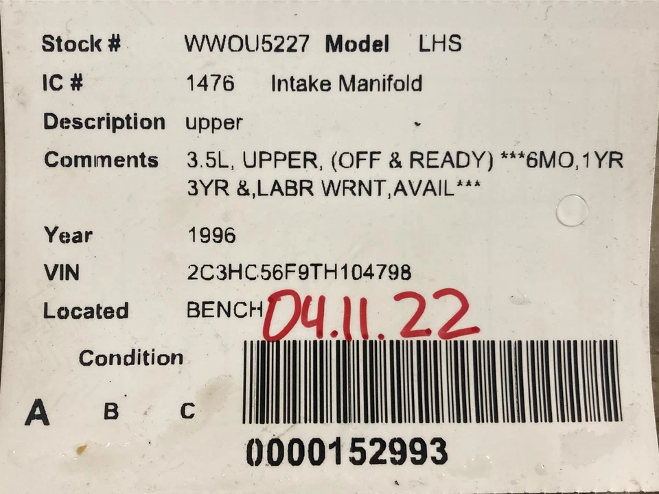 Used Upper Engine Intake Manifold fits: 1996 Chrysler Lhs 6-215 3.5L upper Upper Foto 3 de 4