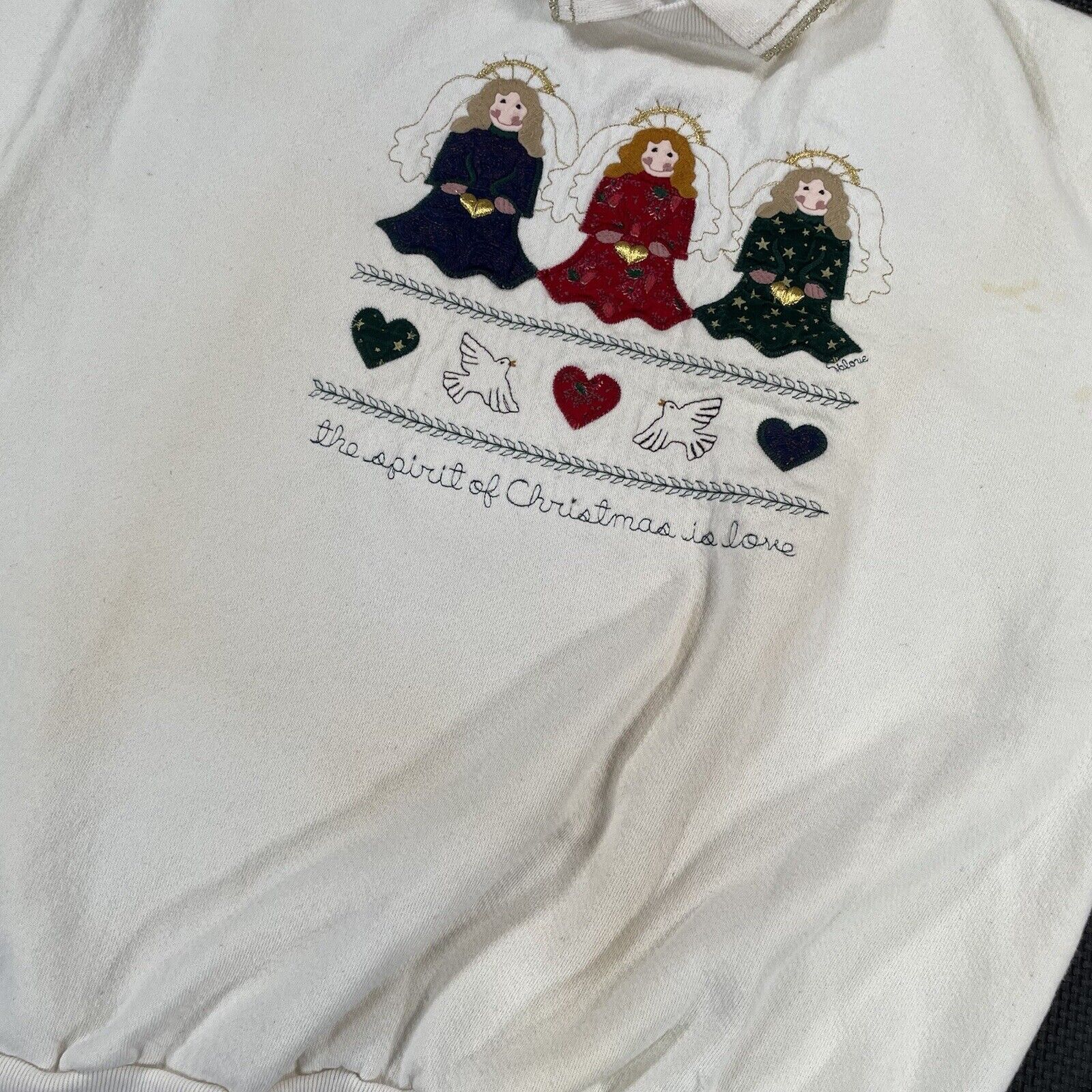 Vintage 90s Folk Art Applique Sweatshirt XL Angel… - image 7