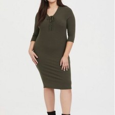 NWT Torrid Women’s Rib Lace Up Front 3/4 Sleeve Midi Dress Olive Green Size 1X