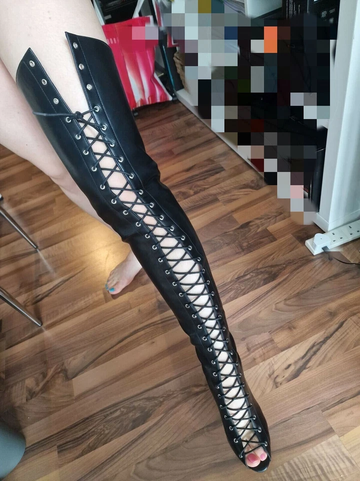 Mujeres Botas Sobre la Rodilla Sexy Tacones Altos Encaje Zapatos con Atado Cruzado Talla Grande 4-13 Foto 4 de 4