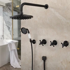 Wall Mount Black Shower Faucet Set Round Shower Head 3 Handles Hand Held Shower