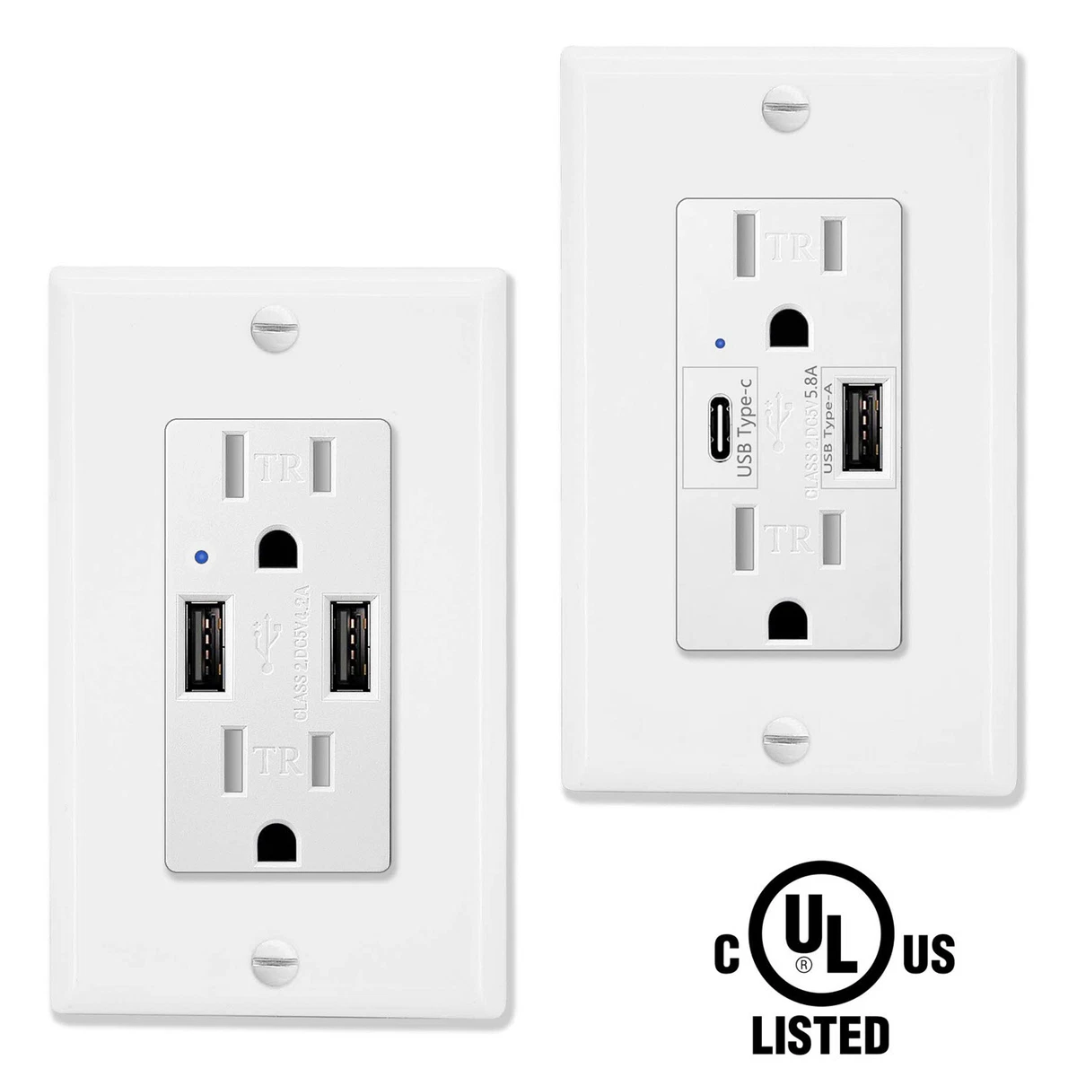 4.2A/5.8A Dual USB Port Wall Outlet Socket USB-C Charger Receptacle w/  Plate UL