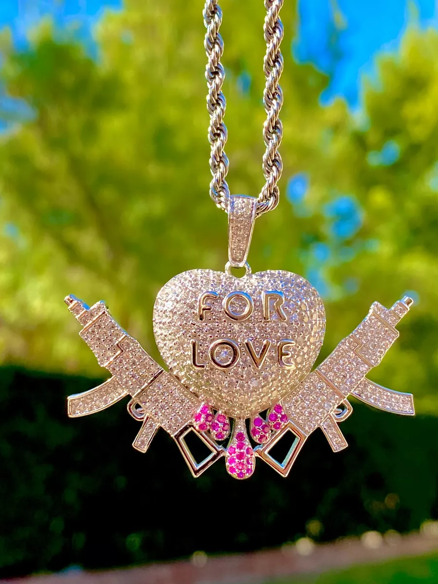 Mens Italy 925 Sterling Silver Iced For Love Heart Ak 47 Gun