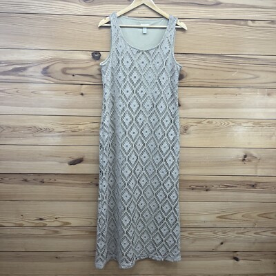 Chicos Maxi Dress Large 2 Beige Tan Crochet Knit Two Layer Boho Sleeveless B171