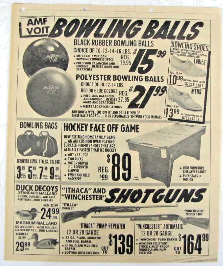 Vintage 1975 AMF VOIT Bowling Ball / Ithaca 37 Shotgun Newspaper Print