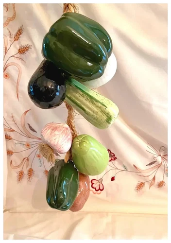 Vintage Ceramic Vegetables On Braided Rope Hanging Decor/Garland Art Decor