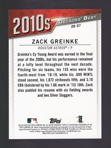 Topps Serie 2 2020 #DB-97 Zack Greinke décadas mejor paralelo verde - Imagen 2 de 2
