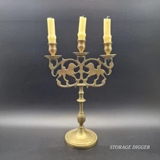 Vintage Brass Lion of Judah Triple-Arm Sabbath Candelabra Candle Holder Judaica