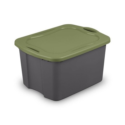 Sterilite 17.5 Gal. EZ Carry Plastic Storage Bin, Full-Grip Handles, Gray/Green