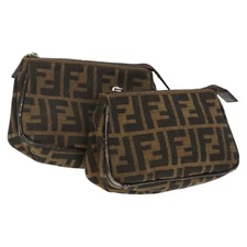 FENDI Zucca Canvas Pouch 2 Set Black Brown Auth ar13481